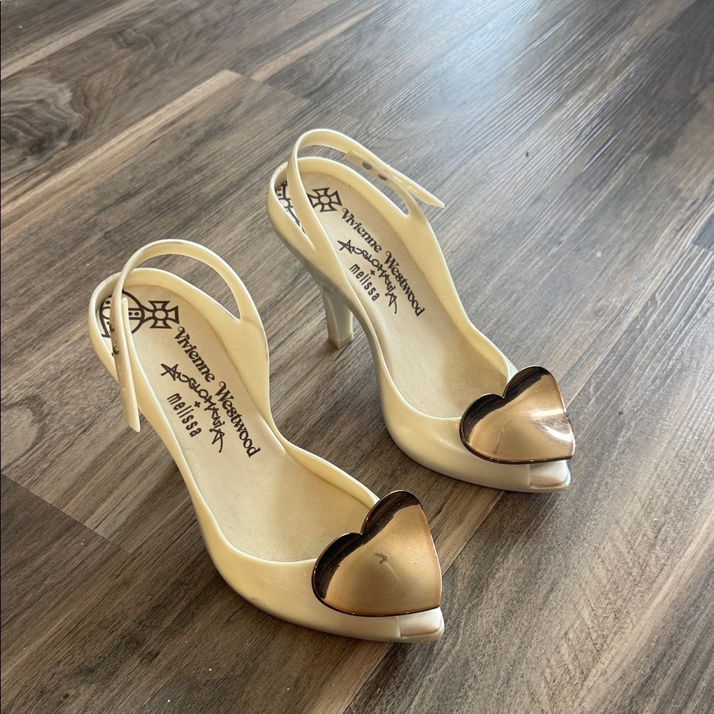 Vivienne Westwood Cream Heels with Bronze Heart